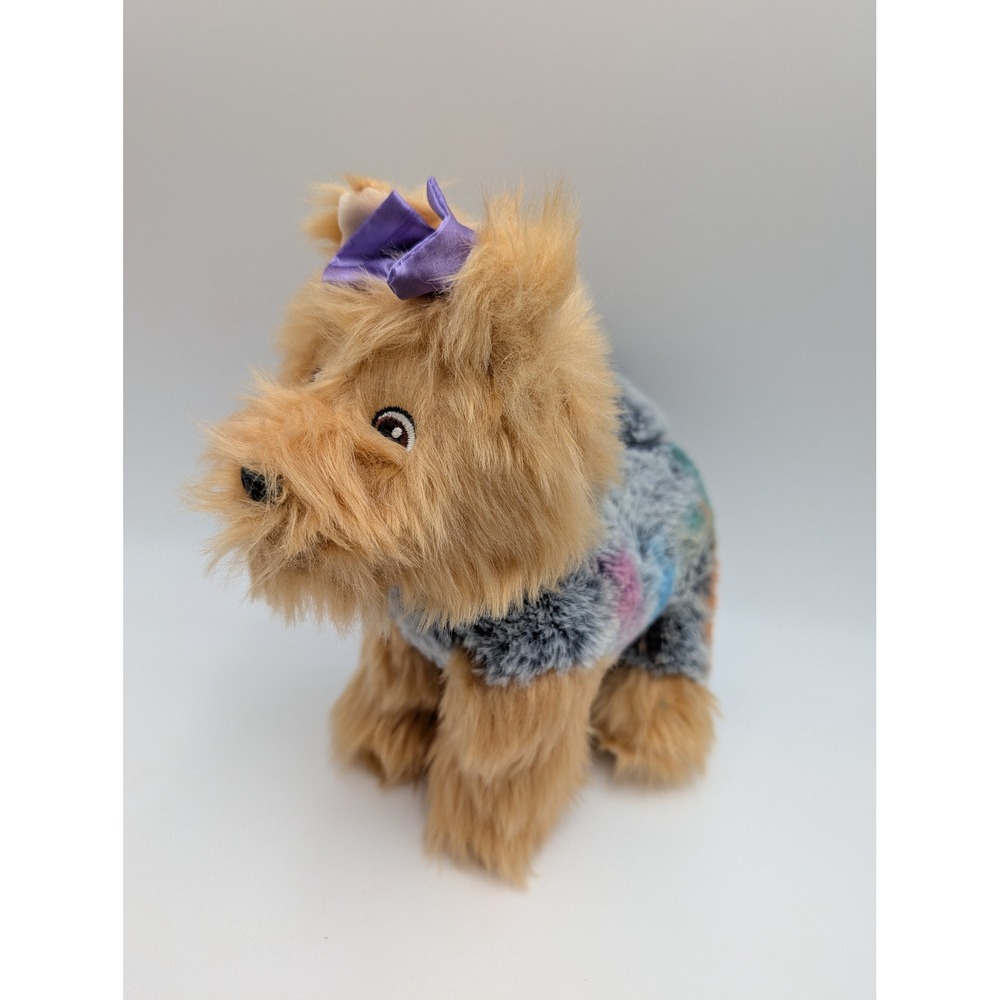 Walmart Dog Plush Tan Gray Yorkie Terrier Purple Bow 9 Inch Stuffed Animal Toy